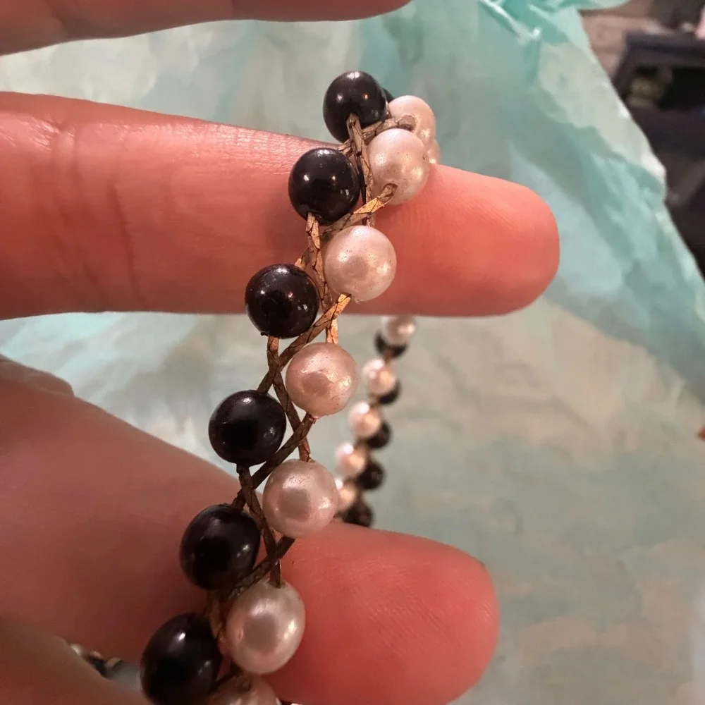Vintage Style Black and White‎ Faux Pearl Woven Silver Chain Necklace 24 Inch